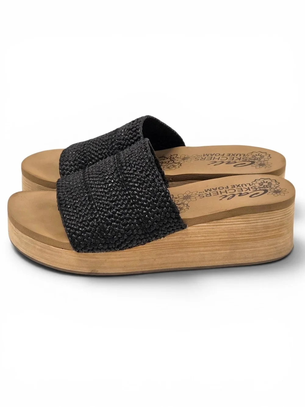 Cali from Skechers Luxe Foam Black Woven Wedge Sandals - Size 8 EUC